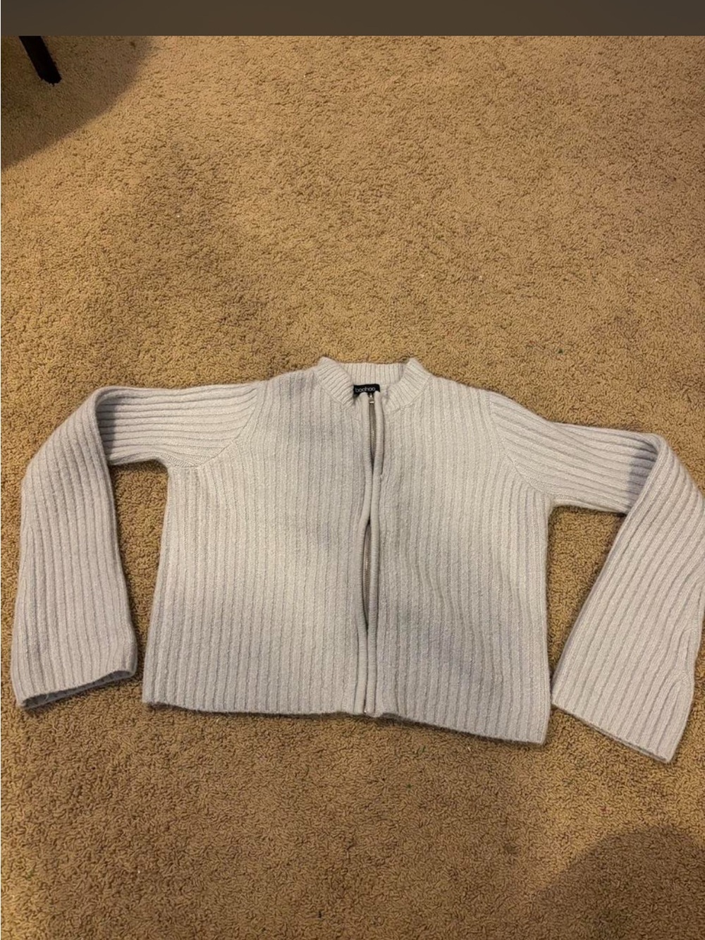 Boohoo Light Gray Ribbed Zip-Front Cardigan